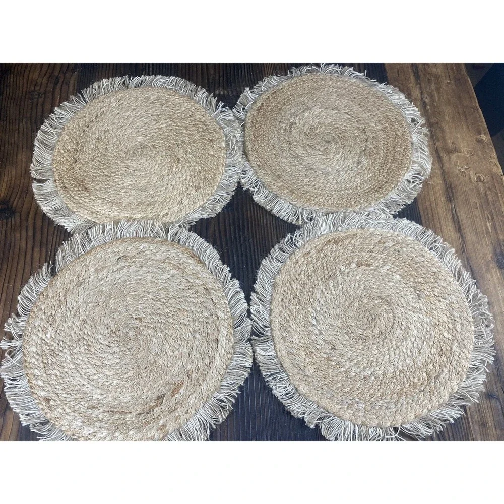 Urban 86 Set of 4 Round Jute Burlap Placemats with Fringe
